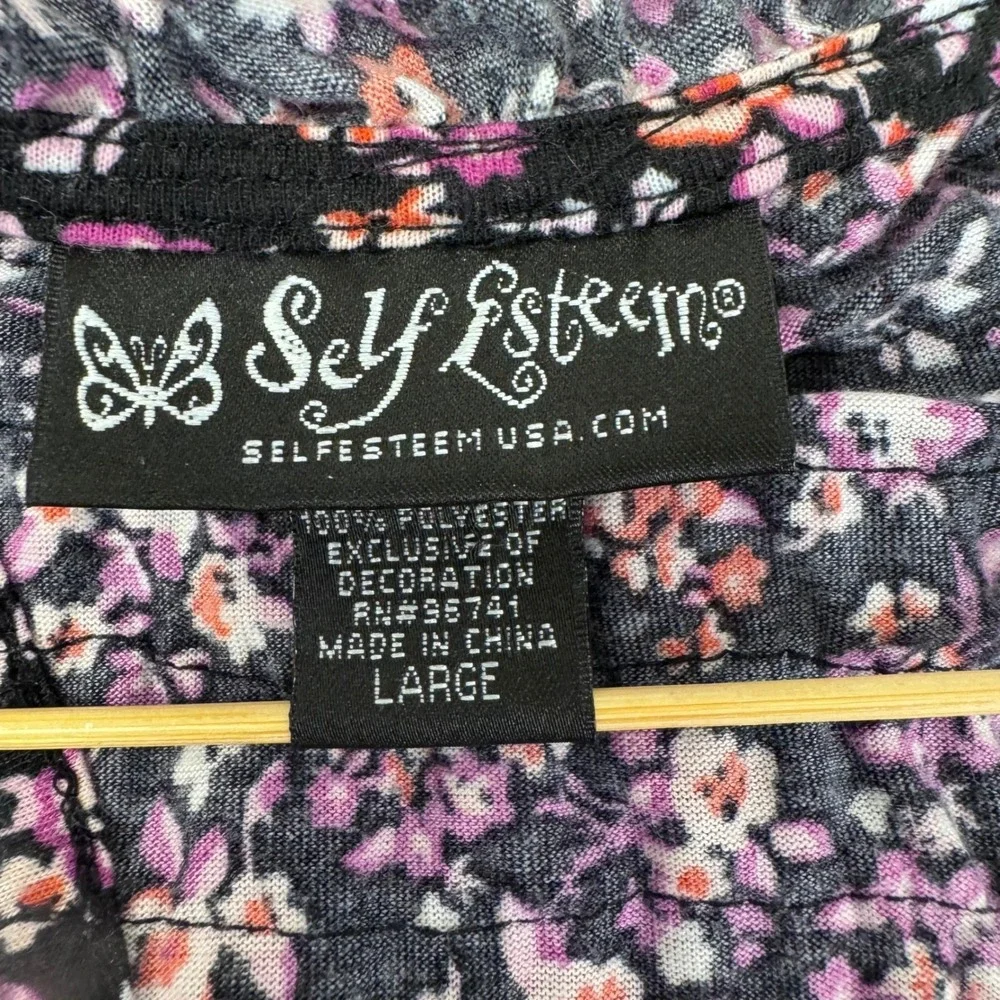 Self Esteem Tank Top Women Large Purple Floral Ruffle Bow Racerback Blouse